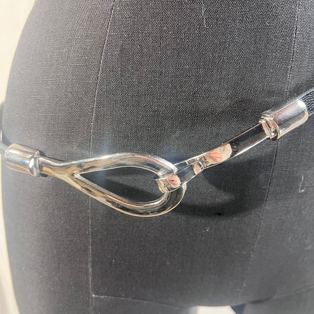 Vintage Black Snakeskin Leather Lined Belt Silver Hook Buckle 50780 S/M